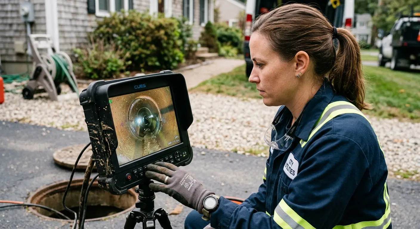 Technician reviewing sewer camera inspection footage in Lenox
