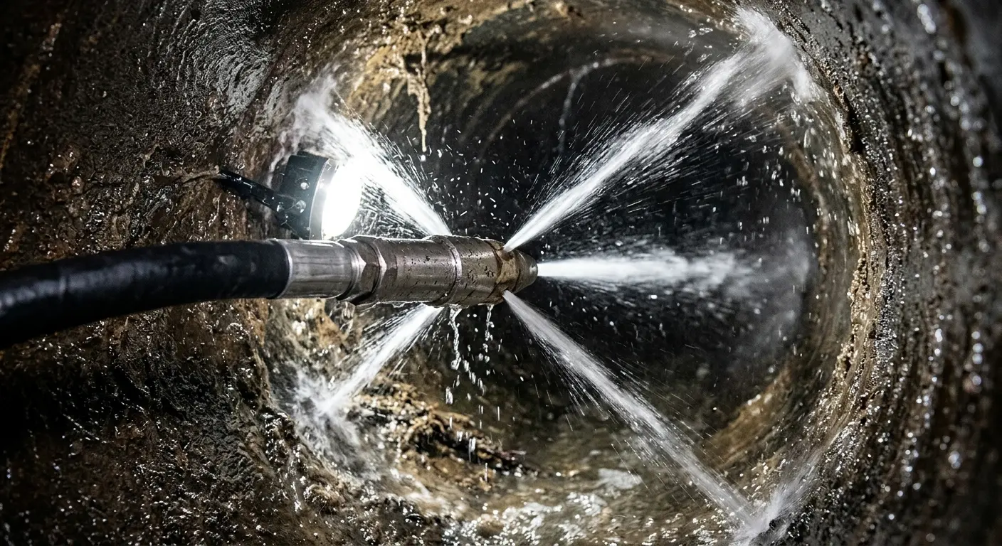 High-pressure hydro jetting nozzle cleaning sewer pipe for Trenchless Sewer Repair in Lenox